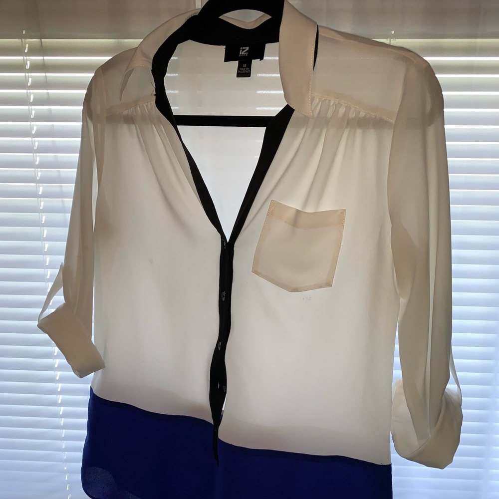 White and blue color block blouse